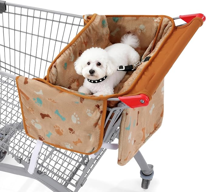 Soft Velvet Shopping Cart Cover for Dogs, Plush Pets Grocery Cart Cover with Safety Ropes, Portable and Easy-on Stretch Design for Shopping Carts with Carry Bag(Orange Print)