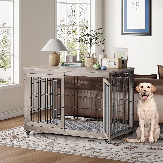 YaFiti Dog Crate Furniture, 44" Wooden Indoor Dog Kennel, Grey | Cushion, Wheels, Double Doors, for Large Dogs, Up to 85 lb, Furniture Style, Side End Table, Decorative Pet Cage House