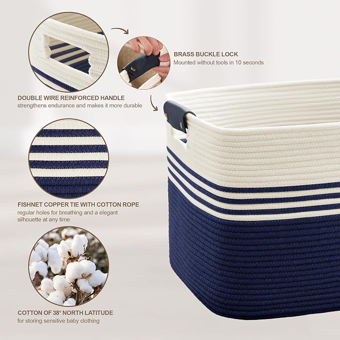 72L Large Woven Laundry Basket Hamper with Leather Handles,Navy | collapsible wicker hamper, storage for dirty clothes, toys, blankets, gifts, living room, bedroom, bathroom, 22"x17"x12"