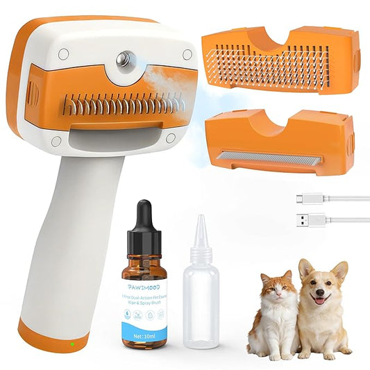 Cat Steam Brush,5-in-1 Self-Cleaning Steam Cat Brush with 3 Swap-in Heads (Grooming,Dematting,Deshedding),Spray Hair Removal Comb for Softens Fur & Reduces Static,Includes Waterless Shampoo