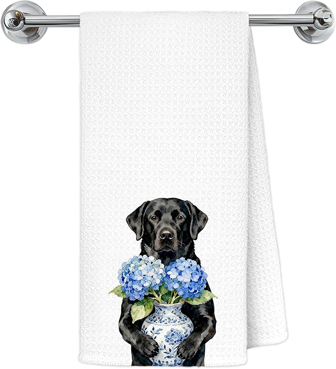 Blue Hydrangea Black Labrador Retriever Kitchen Towels, Black Lab Gifts Dish Tea Towels for Kitchen Decor, Chinoiserie Porcelain Floral Dog Decorative Hand Towel Bathroom Decor, 16x24 Inch