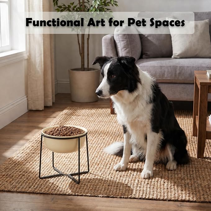 Ceramic Elevated Dog Food Bowl - Heavyweight Feeding Bowl with Metal Stand - Raised Pet Dish for Medium and Larges Dogs - 5.8 Cups - 47.3 oz - Beige
