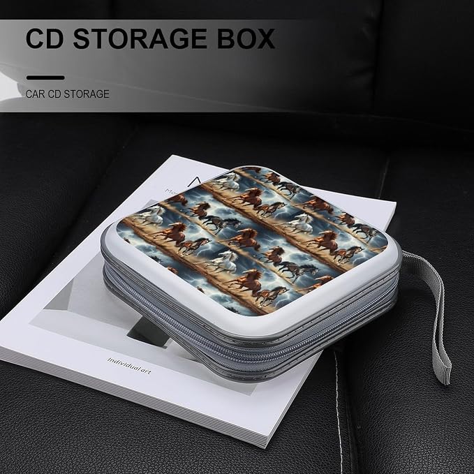 Hard Plastic Protective CD Case Running Horse, 40-Disc Capacity Storage Binder with Zipper, Portable Organizer for Home Office