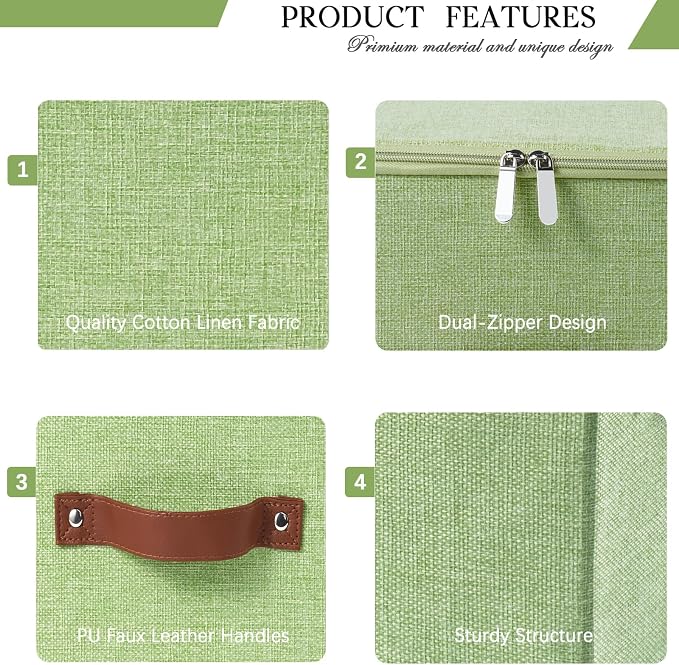 3PCS Storage Bins with Zipper Lid Decorative Lidded Boxes Basket | Cotton Linen Fabric Boxes, Collapsible Shelf Closet Organizer Container, PU Leather Handle, Stackable Washable(Green, Large)