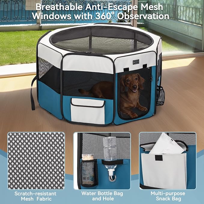 PETSFIT Portable Dog Playpen 36", Removable Waterproof Mat, Zippered Roof | 3-Second Setup, Collapsible Storage, RV Camping Travel, Indoor Outdoor Use, Medium Dogs and Cats, 36"L x 36"W x 21"H