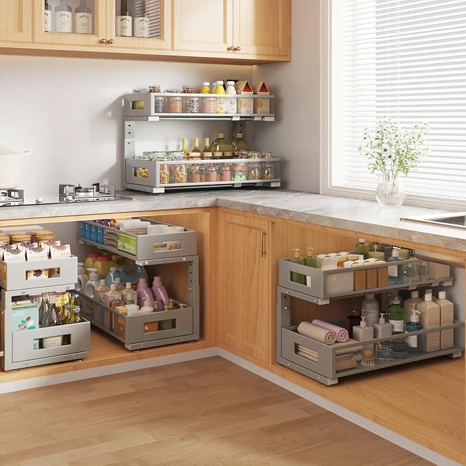 2 Packs 21IN Depth Under Sink Organizer, 2-Tier Pull Out Cabinet Organizer With Smooth Circular Rail, Large Capacity Metal Mesh Sliding Drawers For Bathroom& Kitchen Storage,Height Adjustable-Gun Gray