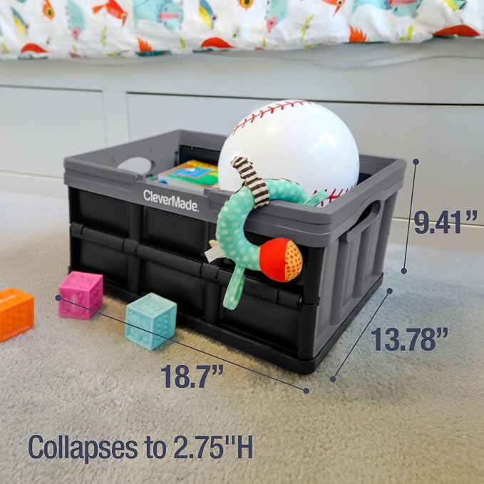 CleverMade Collapsible Shopping Basket, 32L Storage Crate, 1 Pack, Stone | Carry Bigger Grocery Hauls with Confidence | Rigid Walls Hold 35 lb, While Top and Side Handles Balance the Load