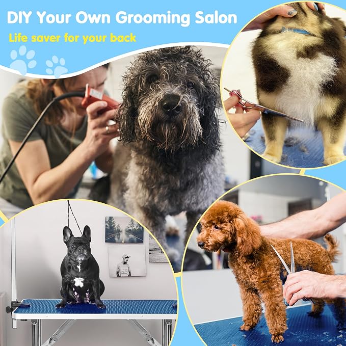 42'' Foldable Dog Grooming Table with Arms/Nooses/Mesh Tray, Blue | Stainless Steel Grooming Table for Dogs at Home, Adjustable Pet Bathing Station, Non-Slip Waterproof Tabletop, Capacity 330Lb