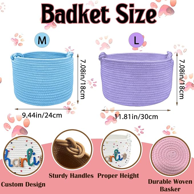 Personalized Dog Cat Toy Storage Basket with Handles Custom Pet Name Woven Cotton Rope Organizer Bin Customized Storage Box for Pet Supplies