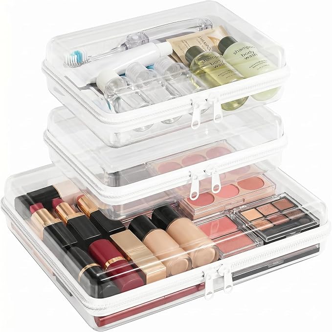 3Pcs Clear Hard Shell Zipper Case, Water Resistant Travel Pouches SSL | Diaper bag, makeup, toiletry & toy storage; rigid PET protects from crush, water and dust, with assorted sizes for daily use.