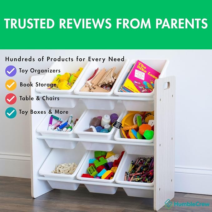 Humble Crew Kids Toy Organizer with 9 Bins, 3 Tier Storage for Playroom | Sturdy wood and steel toddler shelf, removable BPA-free containers, wall anchor anti-tip safety kit for bedroom or classroom