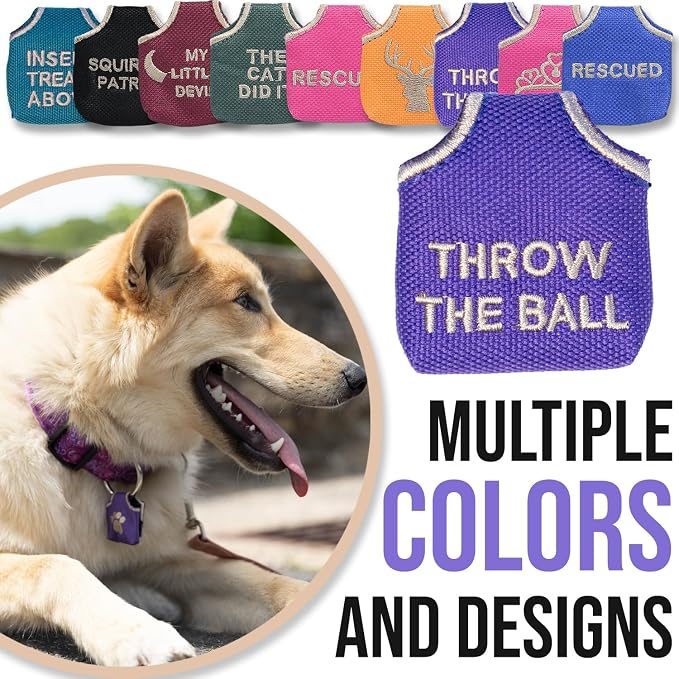Woofhoof Dog Tag Silencer, Throw The Ball - Quiet Noisy Pet Tags - Fits Up to Four Pets IDs - Dog Tag Cover Protects Metal Pet IDs, Made of Durable Nylon, Universal Fit, Machine Washable