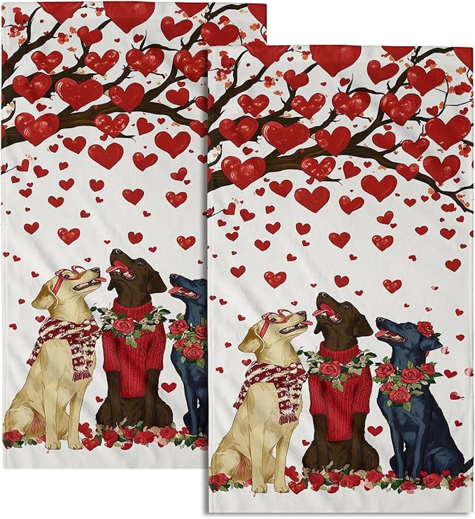 Giwawa Love Dog Towels Set of 2, Romantic Red Hearts Tree Rose Floral Decorative Hand Towels, Funny Puppy Soft Microfiber Face Towel Washcloth for Bathroom Guest Hotel Gym Spa