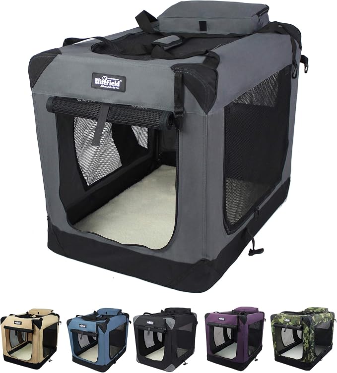 EliteField 3-Door Soft Dog Crate with Bed & Carrying Bag (2-Year Warranty) | 3 Mesh Doors, Steel Frame, Removable & Washable Crate Cover and Bed Cover, Storage Pockets, Indoor/Outdoor, Foldable