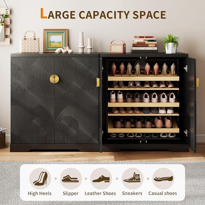 Vlsrka Shoe Storage Cabinet with Doors and 6 Tier Rotating Shelves, Black | Suitable for 18 Pairs Shoe Organizer, Freestanding, Pull Out Shoe Rack, Wooden Entryway Cabinet for Hallway, Closet, Indoor