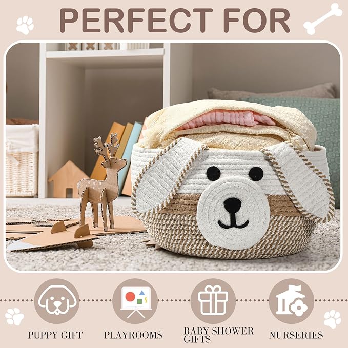 Zopeal Woven Dog Basket with Handle Toy Storage, Khaki, White, 13 x 8 Inch | Pet Gift Basket, Toys Storage Organizer, Cotton Rope Rectangular Bin, Keeps Puppy Items Organized, Sturdy Handles