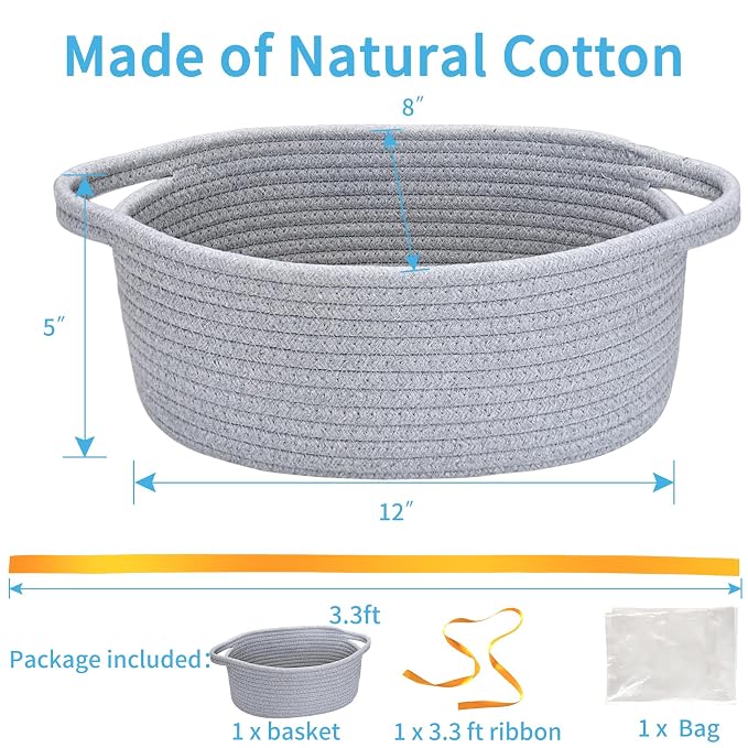 ABenkle Small Basket Empty Gift Basket, Decorative Boho Rope Woven Nursery Storage Organizer Dog Toy Baskets for Baby Showers Christmas Easter with Gift Bags and Ribbons, 12"X 8" X 5"