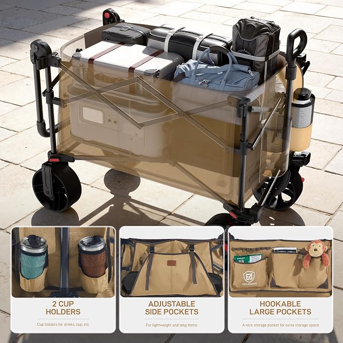 EVER ADVANCED Folding Push Wagon with Canopy, Shopping Cart with Brakes | Portable Collapsible Wagon Cart with All-Terrain Big Wheels for Camping, Beach, Sports