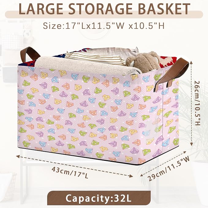 Geometric Diamond Storage Basket Large 17x11.5x10.5 Inches- Collapsible Fabric Organizer Bin with Handles for Modern Home, Bedroom, Luxe Decor-Decorative Hamper with Faceted Pattern Design-Single Pack