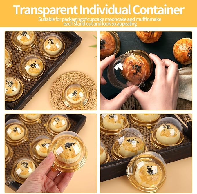 Hewnda 50 Pack 2 Inch Clear Plastic Mini Cake Box, Gold | Muffins Box, Cookies Box, Dome Box, Wedding Birthday Gift Box