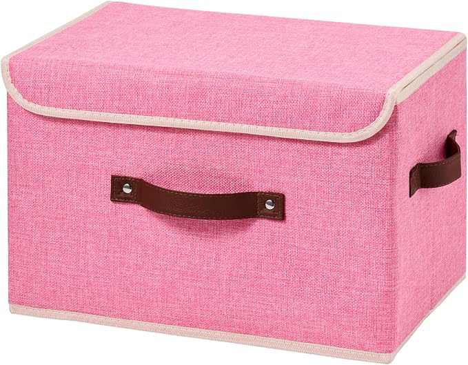 Storage Boxes with Lids Cotton Linen Fabric Bins Baskets | Decorative Collapsible Washable, Clothes Container Organizer for Closet Shelf, w/ Faux Leather Handles, Pink, Large