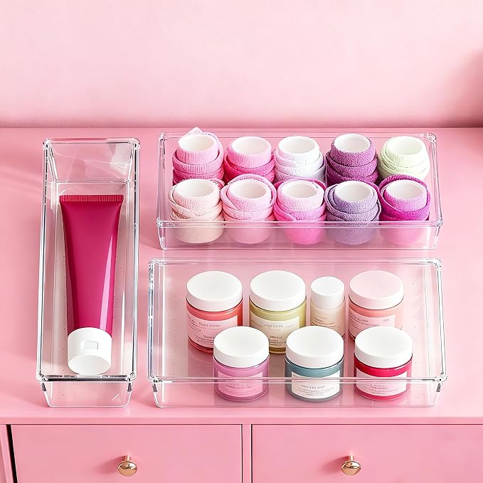 Large Drawer Organizer Bins 26 Pack | Complete 5 Size Clear Plastic Kitchen Drawer Organizers for Utensils | Bathroom Drawer Organizer Trays | Versatile for Makeup Office Organization