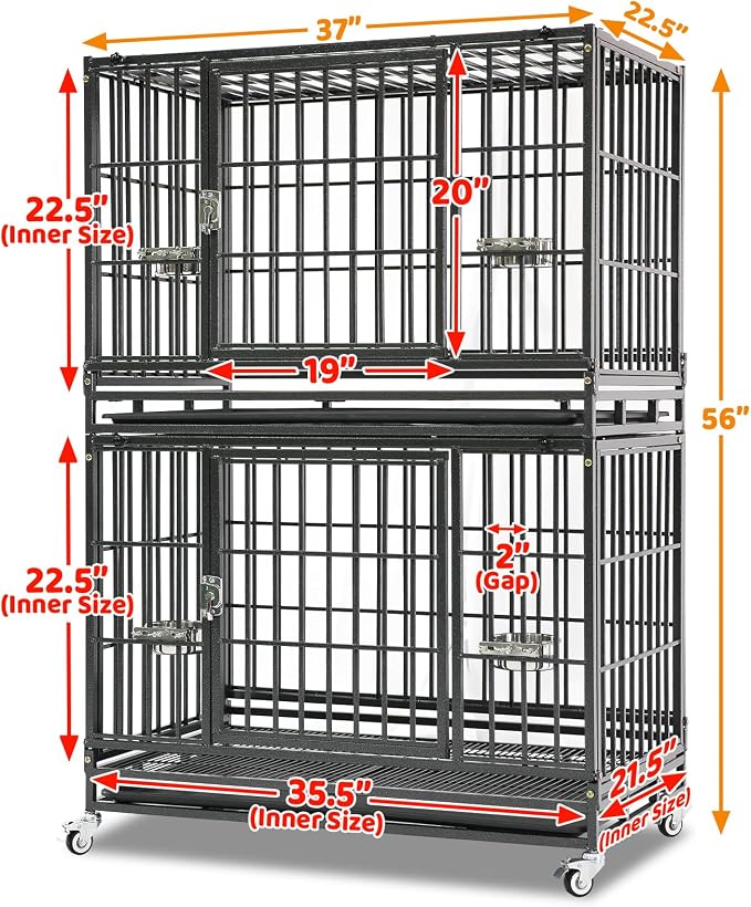 Homey Pet 37 Inch Two Tiers Stackable Dog Crates for Medium Dogs | Indestructible Heavy Duty Dog Cage with with Lockable Wheels, Removable Tray, Opent Top, Escape Proof Locks, Bowls
