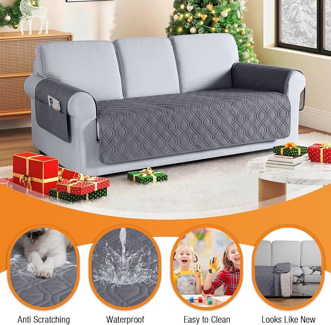 VANSOFY Waterproof Couch Cover for Pets, Dark Gray, 67.3" | Non-Slip, Washable, Utility Pockets, Pet Friendly, Furniture Protector Slipcover for 3 Cushion Couch