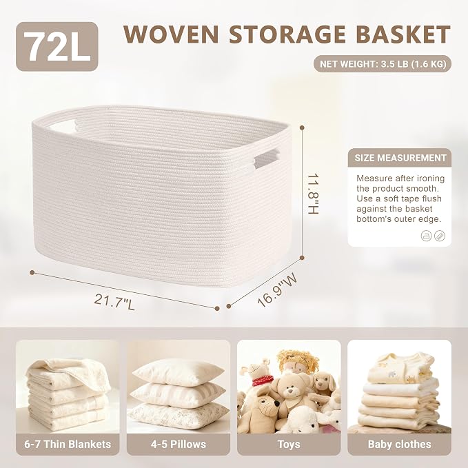 72L Large Woven Laundry Basket Hamper with Handles, White | collapsible wicker hamper, storage for dirty clothes, toys, blankets, gifts, living room, bedroom, bathroom, 22"x17"x12"
