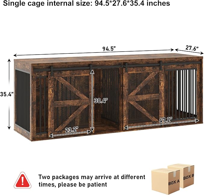 jiteentarou95In Farmhouse Dog Crate TV Stand, Wooden Dog Kennel Furniture with Sliding Metal Mesh Barn Door, Large Dog Crate Furniture for 2 Dogs, Solid Metal Tube & 2 Lockable Doors, Rustic Brown