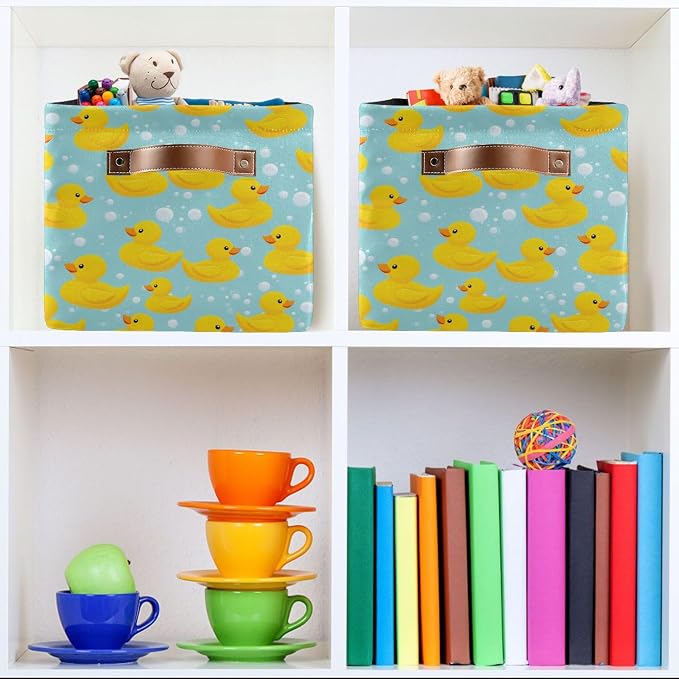 Yellow Duck Cute Storage Basket Fabric Bathroom Baskets Blue Bath Bubble Open Home Storage Bins Boxes Foldable Organizer Bag for Baby Cloth Pet Toy Book Shelf Closet Baskets 16×12×8 Inches 2 Pack