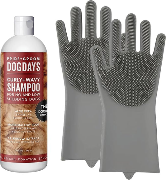 Pride and Groom DogDays Curly + Wavy The Scrub Kit - Natural Dog Shampoo with Silicone Scrubber Gloves for Low or No-Shedding Breeds with Coat Massage, Clean Ingredients, and Gentle Pet Grooming Care