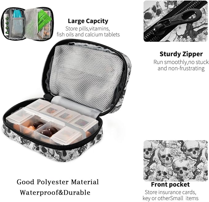 Fustylead Skulls and Cherry Flowers Travel Pill Organizer Bag with Zipper Small Pill Box 7 Day Pill Case for Purse Storage Weekly Vitamin Medicine Supplement