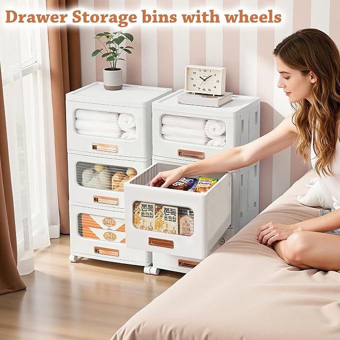VECELO Plastic Storage Cabinet with Drawers, Stackable Storage Bins with Wheels, Waterproof Bathroom Storage Organizer, Multi-Tier Storage Drawers for Bedroom, Living Room, Kitchen, Medium 3-Tier
