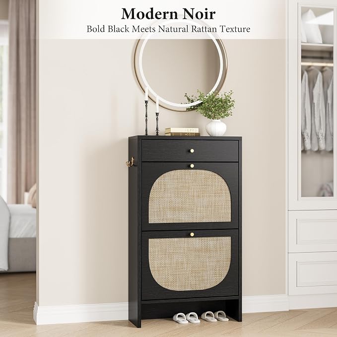 Shoe Cabinet for Entryway, Slim Shoe Rack with 2 Flip Drawers and Top Storage Drawer, Narrow Shoe Organizer with Printed Rattan-Look Design, Entryway Shoe Storage for Size 12+ Shoes, Black