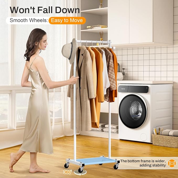MISSLO Small Clothes Racks for Hanging Clothes Clothing Rack with Wheels 60" Garment Rack with Shelves Portable Rolling Wardrobe Rack for Small Space, White
