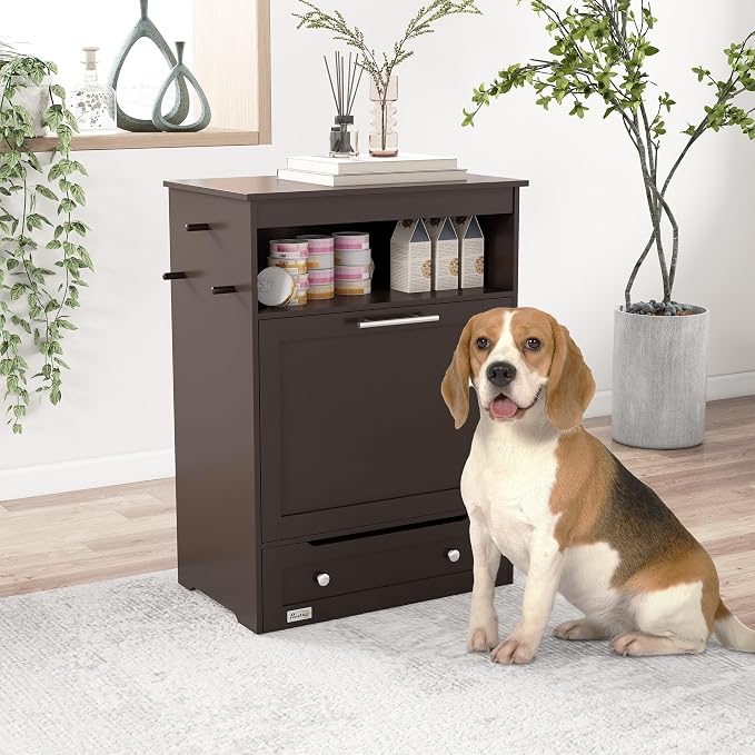 Brilluxa Pet Feeder Station, Dog Food Storage Cabinet and Raised Bowl Stand with Dog Food Container and Watering Supplies Organizer for Kitchen, Pantry, and Feeding Area, Gray
