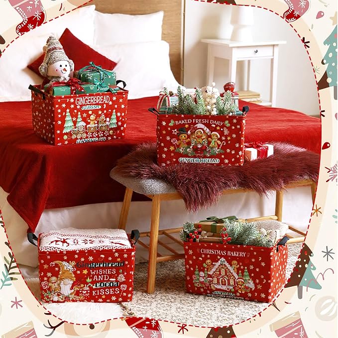 4 Pcs Christmas Storage Basket for Gifts Empty Large Gingerbread Man Storage Bins 15 x 10 x 8 Fabric Laundry Baskets with Handle Xmas Foldable Organizer Boxes for Office Home Cloth Toys Books