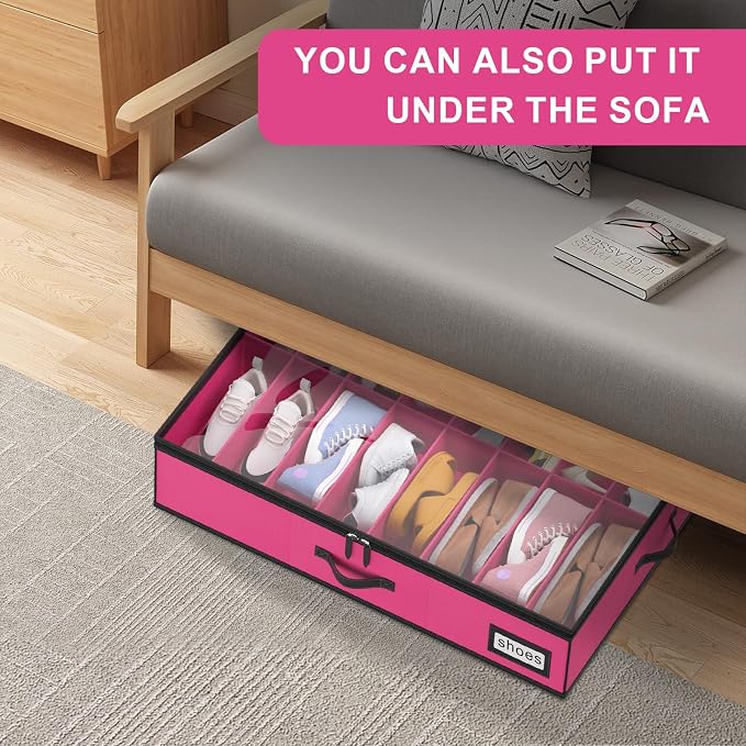 Shoe Organizer Under Bed, Fits 32 Pairs, Under bed Shoe Storage Boxes with Study Handles and Clear Cover, zapateras organizer for shoes, set of 2
