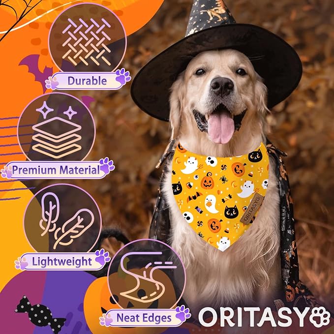 Halloween Dog Bandanas, Purple Ghost 2-Pack Triangle Reversible Pet Scarves, Premium Fabric, Orange Pumpkin Black Cats Bandana for All Boys Girls Dogs (Large, Style 2)