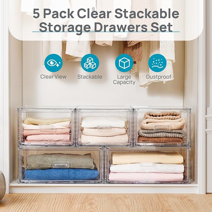 Vtopmart 5 Pack Large & Medium Storage Stackable Drawers Set | Easy Assembly Clear Plastic Storage Cabinet, Durable Dresser for Closet, Bedroom, Entryway, Playroom & Apartment Organization