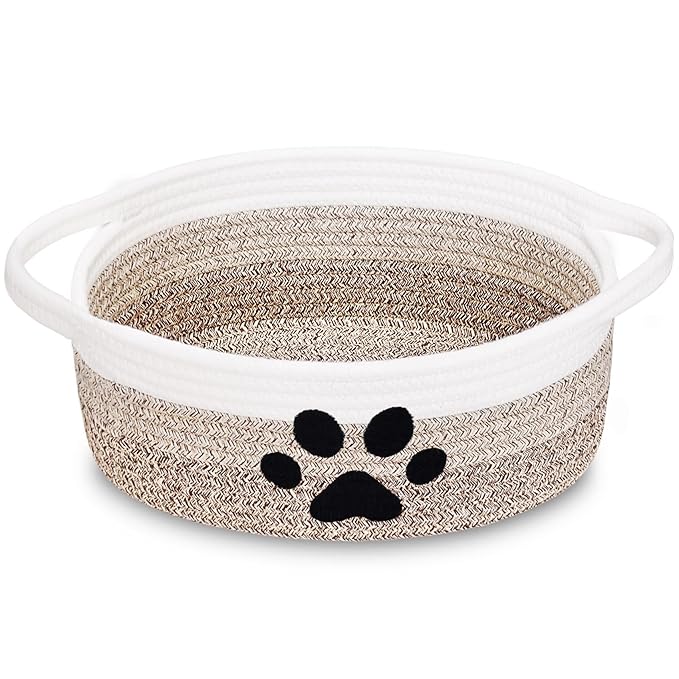 ABenkle Small Woven Basket with Handle, Cute Dog Paw Baskets for Gifts Empty, Decorative Rope Woven Storage Dog Toy Basket, Nursery Baskets for Baby Shower, 12" x 8" x 5"