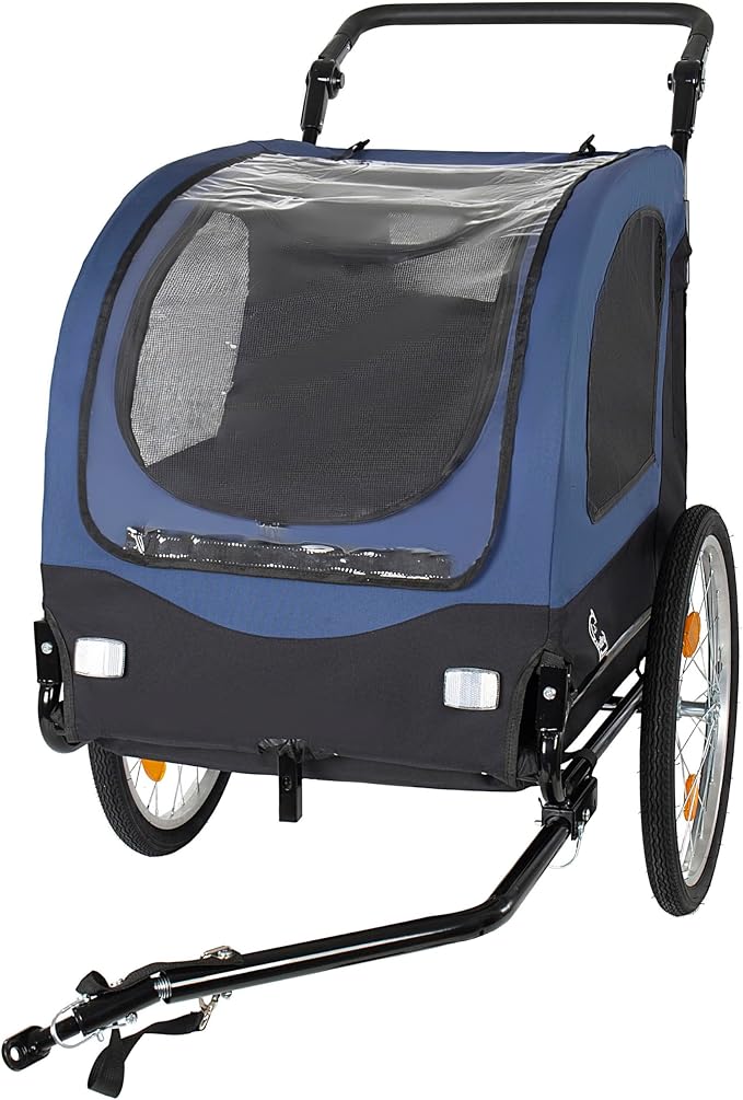 2-in-1 Bike Trailer & Pet Stroller for Dogs up to 110lbs– Foldable Pet Carrier Cart with Front Caster & 20'' Quick Release Air-Filled Wheels, Breathable Mesh and PVC Rain Cover, Dark Blue