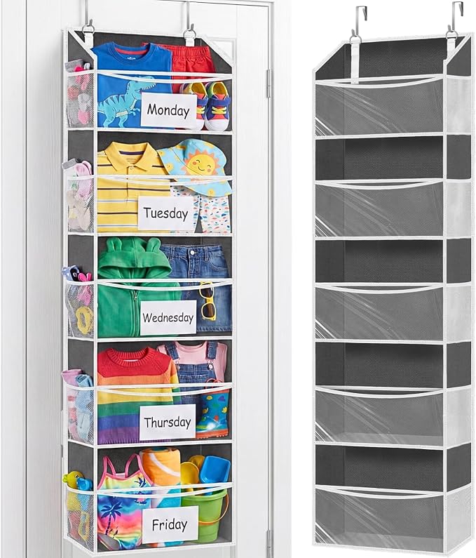 5Tiers Over Door Organizer, Weekly Clothes Organizer for Kids | 5 clear PVC front pockets, 10 mesh side pockets, weekly outfit planner, for kids, dorm, entryway, RV, 50 lbs capacity