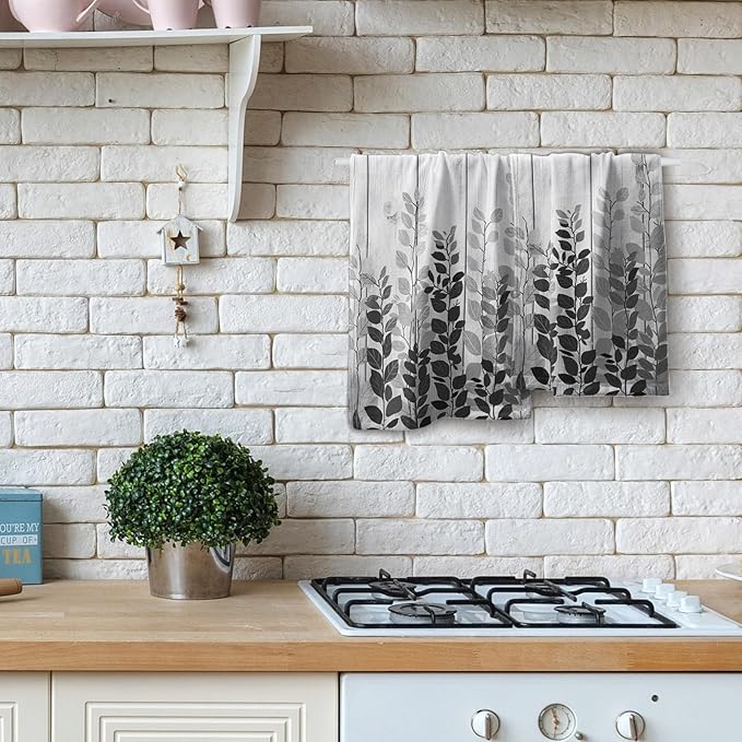 Giwawa Grey Eucalyptus Leaves Hand Towels Set of 2 Rustic Wood Soft Guest Bath Towel Kitchen Dish Towels Spa Home Bathroom Decorations