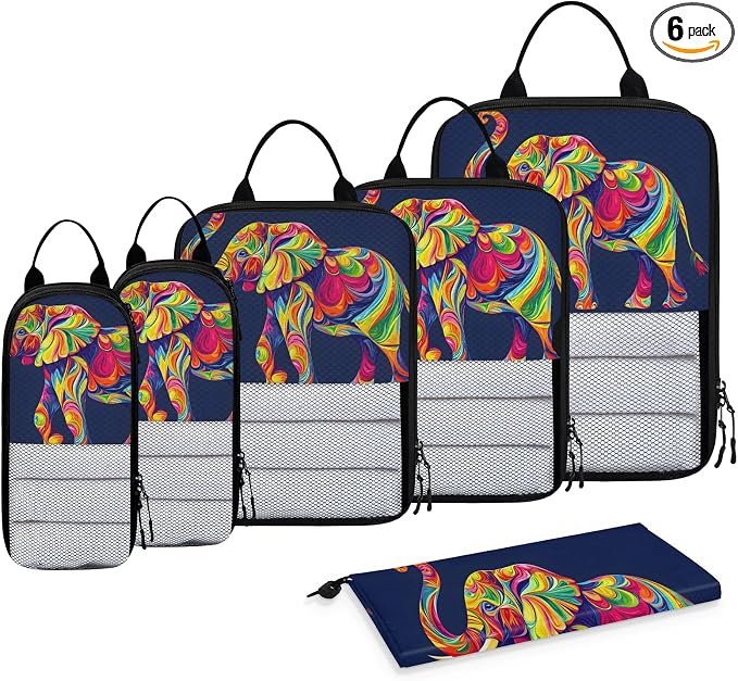 Elephant 6 Set Compression Packing Cubes Wild Animal Art Print Expandable Packing Organizer for Travel Accessories Luggage Suitcase Bag