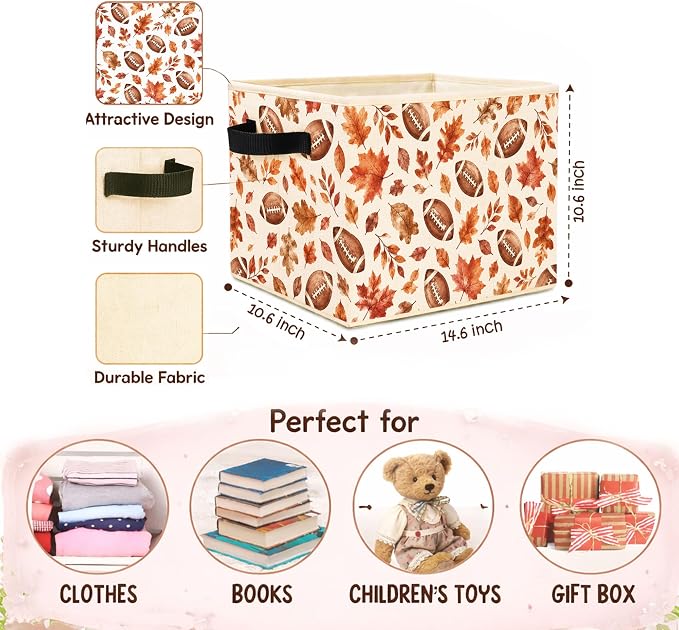 Football Fall Leaves Storage Bin, Fabric Organizer | Football and autumn leaves storage bin for toys, books, clothes, blankets, game day rooms, shelves, and closets.
