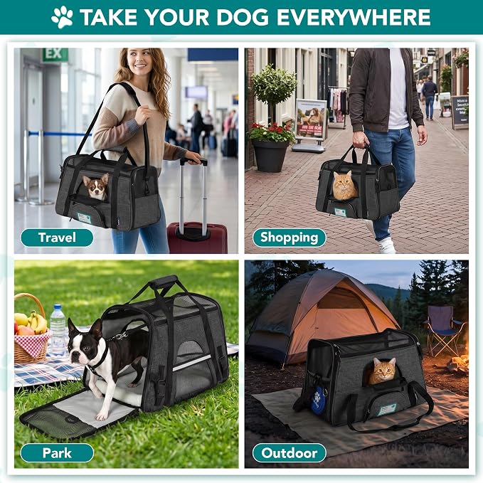 PetAmi Airline Approved Pet Carrier Cats Small Dogs, Large Heather Charcoal | Soft Sided TSA Travel Bag, Sherpa Bed, Breathable Mesh Ventilation, Collapsible Bowl, Fits Under Seat, Up to 18 lbs