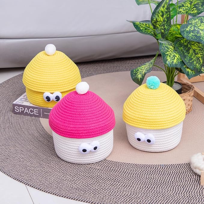 Cartoon Big Eye Cotton Rope Storage Basket with Lid, for Kids Room, Living Room, Bedroom, (Yellow)