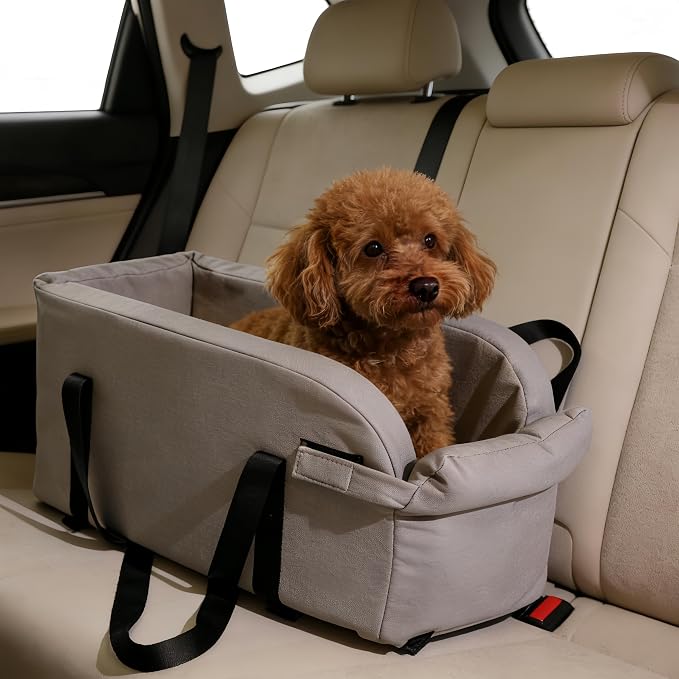 Center Console Dog Car Seat for Pets Up to 9 lb, Grey | Water-resistant faux leather; 16.41 x 7.87 x 8.66 in; pets up to 11 in long. Measure your console before purchase.